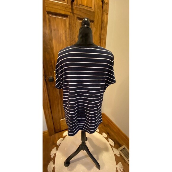 Jones New York Blouse Size XL Navy Striped Top Cap Sleeves Gold Buttons V Neck - Picture 5 of 10